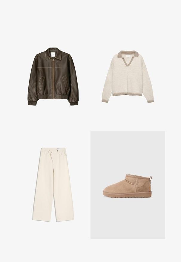 Brun læder bomberjakke med lynlåsfortil, spids krave, elastiske cuffe og kant, samt sidelommer. Kontrastsyninger synlige.; Lysebeige strikket sweater med V-hals, ribbet krave og ærmekanter i en mørkere taupe. Afslappet pasform med en kortet kant.; Off-white bukser med vidde i benene, foranlommer, bærestropper og sølvknapper på linningen og lommekanter.; Brune ruskinds ankler støvler med blød indvendig foring, quiltede detaljer og en struktureret gummisål for godt greb. Sløjfe bagpå for nem påtagning.