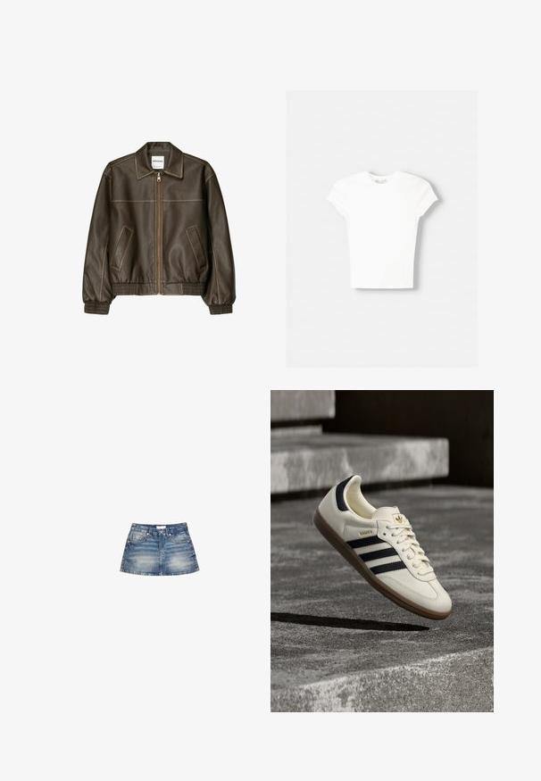 Veste bomber en cuir marron avec fermeture éclair à l'avant, col pointu, poignets et ourlet élastiqués, et poches latérales. Coutures contrastées visibles.; T-shirt blanc à manches courtes en coton doux, avec un col rond et une coupe ajustée. Pas de motifs ni d'ornements visibles.; Mini-jupe en denim de couleur bleu clair, avec une taille cintrée, des poches avant et un ourlet évasé avec un léger délavage et des bords finis.; Baskets blanches Adidas Samba avec des bandes noires et une semelle en gomme, flottant au-dessus de marches en béton gris texturé.