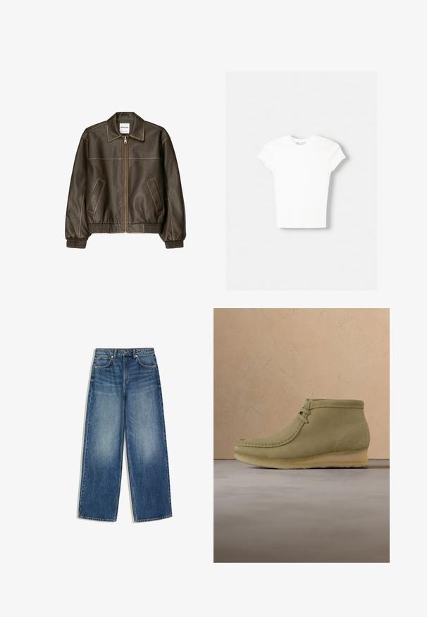 Veste bomber en cuir marron avec fermeture éclair à l'avant, col pointu, poignets et ourlet élastiqués, et poches latérales. Coutures contrastées visibles.; T-shirt blanc à manches courtes en coton doux, avec un col rond et une coupe ajustée. Pas de motifs ni d'ornements visibles.; Jean en denim bleu coupe large, poches avant, passants de ceinture et détails délavés au niveau des cuisses.; Bottines en suédine beige avec un bout arrondi, des coutures minimales, un petit talon et un laçage pour un ajustement réglable.