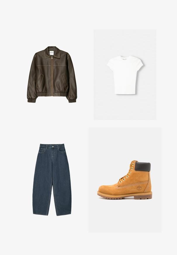 Veste bomber en cuir marron avec fermeture éclair à l'avant, col pointu, poignets et ourlet élastiqués, et poches latérales. Coutures contrastées visibles.; T-shirt blanc à manches courtes en coton doux, avec un col rond et une coupe ajustée. Pas de motifs ni d'ornements visibles.; Jeans en denim bleu foncé à jambes larges avec une taille haute, dotés de cinq poches et de détails de couture visibles. Design épuré et minimal.; Bottine en cuir marron avec rembourrage noir, œillets dorés et semelle texturée. Présente un logo circulaire sur le côté et des accents de couture.