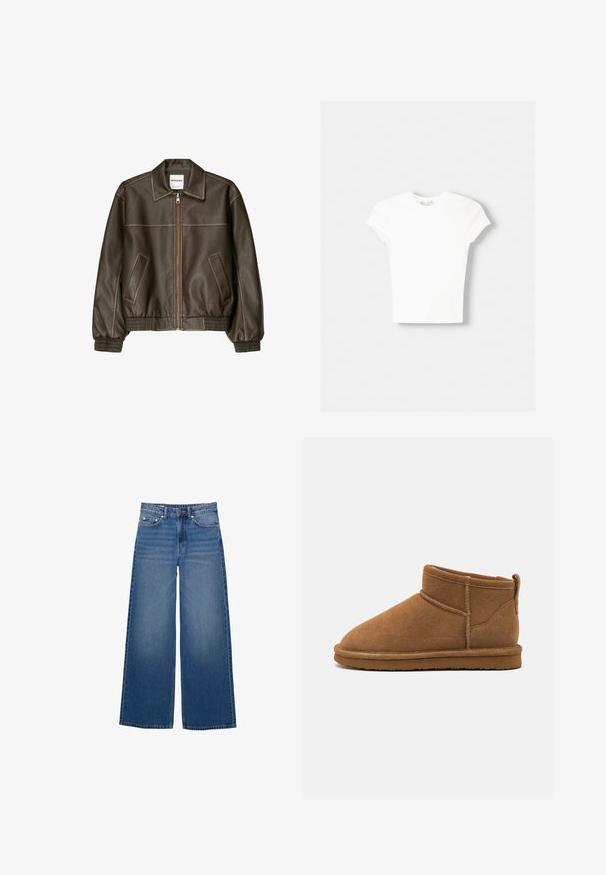 Veste bomber en cuir marron avec fermeture éclair à l'avant, col pointu, poignets et ourlet élastiqués, et poches latérales. Coutures contrastées visibles.; T-shirt blanc à manches courtes en coton doux, avec un col rond et une coupe ajustée. Pas de motifs ni d'ornements visibles.; Jean en denim à jambes larges, de couleur bleu moyen, avec une taille haute, un design à cinq poches et des détails cousus le long des coutures.; Bottines en daim marron avec un bout rond, tige courte et tirette au dos. Présente des coutures contrastées et une semelle en caoutchouc plate.