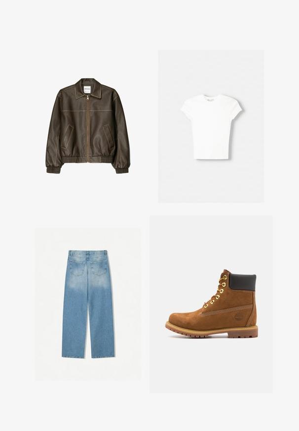 Veste bomber en cuir marron avec fermeture éclair à l'avant, col pointu, poignets et ourlet élastiqués, et poches latérales. Coutures contrastées visibles.; T-shirt blanc à manches courtes en coton doux, avec un col rond et une coupe ajustée. Pas de motifs ni d'ornements visibles.; Jean en denim bleu clair avec une coupe droite, doté de deux poches arrière et d'une texture décolorée à la partie supérieure.; Bottine en suede marron avec col rembourré noir, œillets en or, devant à lacets et semelle en caoutchouc avec un motif texturé.