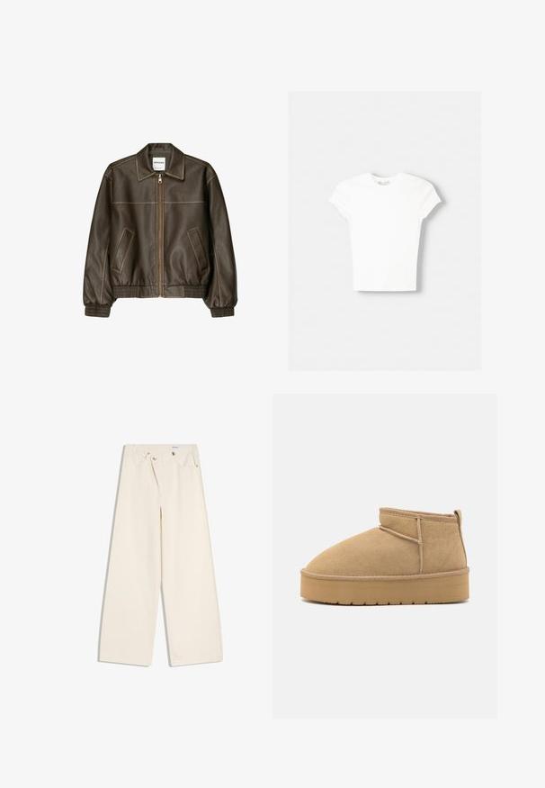 Veste bomber en cuir marron avec fermeture éclair à l'avant, col pointu, poignets et ourlet élastiqués, et poches latérales. Coutures contrastées visibles.; T-shirt blanc à manches courtes en coton doux, avec un col rond et une coupe ajustée. Pas de motifs ni d'ornements visibles.; Pantalon large couleur écru avec poches avant, passants pour ceinture, et boutons argentés sur la ceinture et les bords des poches.; Bottines en daim beige à bout rond, avec des coutures minimales et une semelle en caoutchouc brun clair arborant un motif texturé.