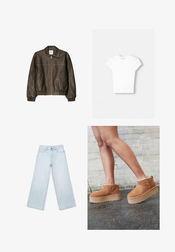 Veste bomber en cuir marron avec fermeture éclair à l'avant, col pointu, poignets et ourlet élastiqués, et poches latérales. Coutures contrastées visibles.; T-shirt blanc à manches courtes en coton doux, avec un col rond et une coupe ajustée. Pas de motifs ni d'ornements visibles.; Jean large en denim bleu clair avec poches avant, passants pour ceinture et fermeture par bouton.; Bottines en suède marron avec une doublure en peluche, semelle épaisse en beige et une poignée à l'arrière. Surface texturée avec des détails de couture visibles.
