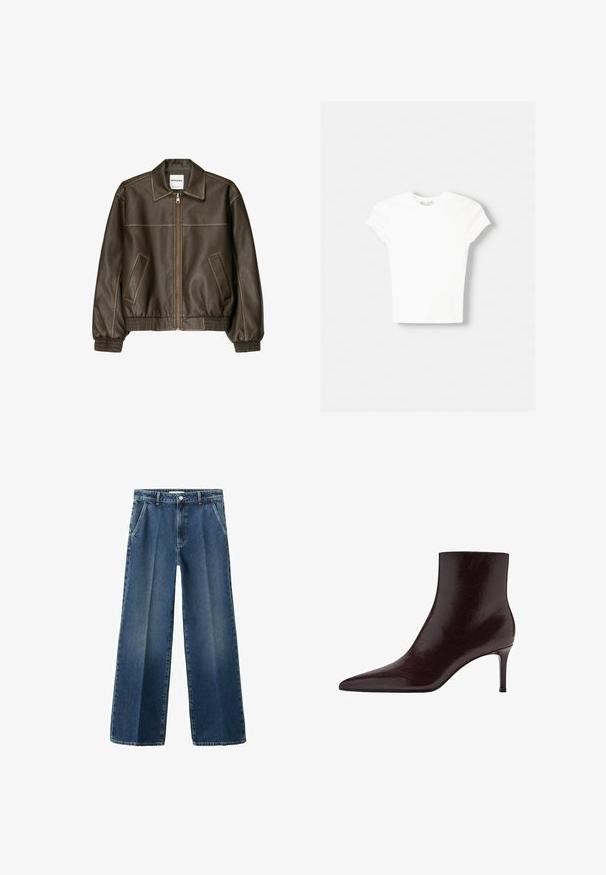 Veste bomber en cuir marron avec fermeture éclair à l'avant, col pointu, poignets et ourlet élastiqués, et poches latérales. Coutures contrastées visibles.; T-shirt blanc à manches courtes en coton doux, avec un col rond et une coupe ajustée. Pas de motifs ni d'ornements visibles.; Jean denim bleu à jambes larges avec une taille haute, doté de poches avant, d'une fermeture à boutons et d'un léger effet délavé sur le tissu.; Bottine en cuir bordeaux avec un bout pointu, un design épuré et un haut talon aiguille. Texture lisse avec un discret grain.