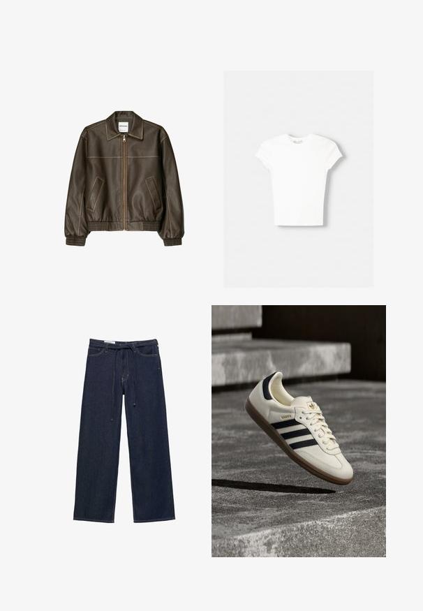 Veste bomber en cuir marron avec fermeture éclair à l'avant, col pointu, poignets et ourlet élastiqués, et poches latérales. Coutures contrastées visibles.; T-shirt blanc à manches courtes en coton doux, avec un col rond et une coupe ajustée. Pas de motifs ni d'ornements visibles.; Pantalon en denim bleu foncé à jambes larges avec poches devant et ceinture à cordon noir fin à la taille.; Baskets blanches Adidas Samba avec des bandes noires et une semelle en gomme, flottant au-dessus de marches en béton gris texturé.