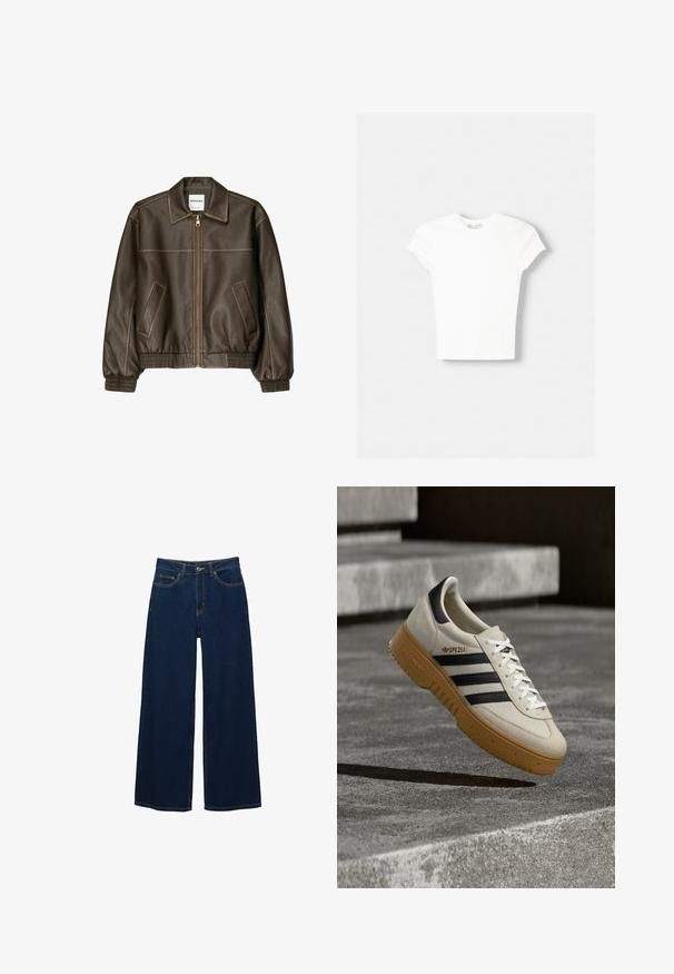 Braune Lederbomberjacke mit einem Reißverschluss vorne, spitzem Kragen, elastischen Bündchen und Saum sowie Seitentaschen. Sichtbare Kontrastnähte.; Weißes kurzärmliges T-Shirt aus weicher Baumwolle, mit Rundhalsausschnitt und figurbetonter Form. Keine sichtbaren Muster oder Verzierungen.; Dunkelblaue Jeans mit weitem Bein aus Denim; mit Taschen vorne und Knopfverschluss; auffällige Nähte entlang der Nähte; keine Muster oder Verzierungen.; Beige Wildleder-Sneaker mit schwarzen Streifen, weißen Schnürsenkeln und einer Gummisohle in Karamellfarbe. Mit "SPEZIAL" Schriftzug an der Seite.