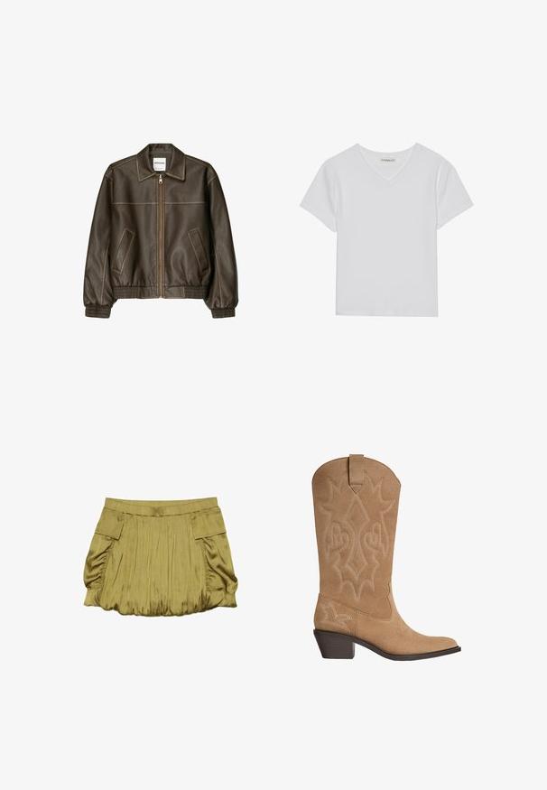 Veste bomber en cuir marron avec fermeture éclair à l'avant, col pointu, poignets et ourlet élastiqués, et poches latérales. Coutures contrastées visibles.; T-shirt blanc à manches courtes en V, en tissu côtelé. Présente un design épuré avec un ourlet droit et un minimum de détails.; Jupe courte vert olive avec tissu froncé, taille élastique et deux poches à rabat sur les côtés.; Botte de cowboy en suède tan avec broderies décoratives, talon empilé de hauteur moyenne et tirant sur la tige.