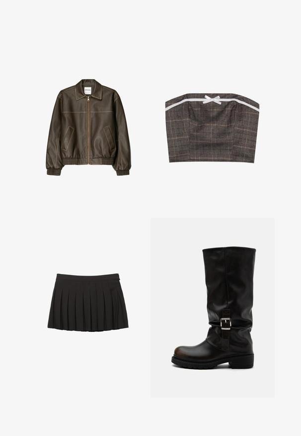 Brun læder bomberjakke med lynlåsfortil, spids krave, elastiske cuffe og kant, samt sidelommer. Kontrastsyninger synlige.; Bandeau top i sort og beige ternet stof med en hvid bånddetalje. Struktureret design med en lige halsudskæring og samlende tekstur.; Sort plisseret mininederdel med taljebånd og lynlås i siden, vist på en hvid baggrund.; Høj sort læderstøvle med rund tå, lav hæl, sidelukningsrem og let slapt skaft på hvid baggrund.