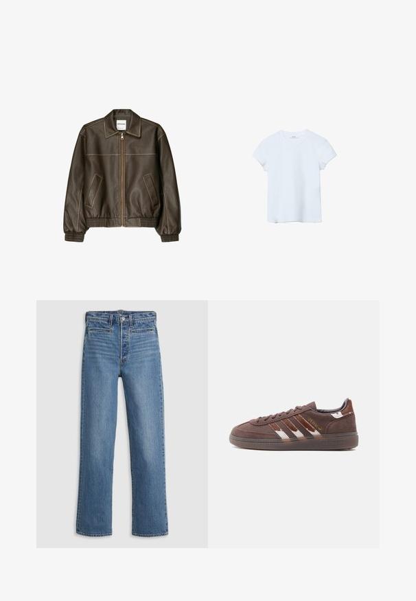 Veste bomber en cuir marron avec fermeture éclair à l'avant, col pointu, poignets et ourlet élastiqués, et poches latérales. Coutures contrastées visibles.; T-shirt uni bleu clair à manches courtes et col rond, étalé à plat sur un fond blanc.; Jeans droit bleu clair en denim. Comprend une fermeture à bouton, cinq poches et un léger délavage. Pas d'ornements ni de motifs.; Baskets Adidas en daim marron avec des bandes blanches et marron foncé, semelle basse et inscription dorée "Spezial" sur le côté.