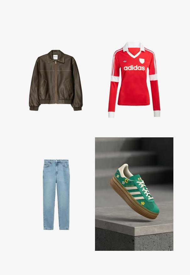 Hnedá kožená bomber bunda so zipsovým zapínaním vpredu, špicatej golierom, elastickými manžetami a spodným okrajom, a bočnými vreckami. Viditeľné kontrastné šitie.; Červený futbalový dres s dlhým rukávom a bielym golierom a manžetami. Na ramenách sú tri biele pruhy a výrazne zobrazené logo "adidas".; Svetlo modré džínsy s rovnými nohavicami, piatimi vreckami a zapínaním na gombíky. Materiál má mäkký, textúrovaný povrch.; Zelená semišová teniska s bielymi akcentmi, ozdobená kvetinovými vzormi v žltej a bielej farbe, s béžovou gumovou podrážkou. Štítok nesie nápis "Gazelle".