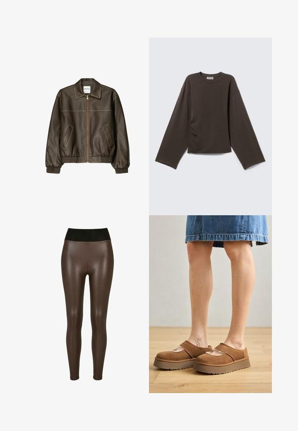 Veste bomber en cuir marron avec fermeture éclair à l'avant, col pointu, poignets et ourlet élastiqués, et poches latérales. Coutures contrastées visibles.; T-shirt marron foncé à manches longues avec col rond, coupe ample et légère froissure sur un côté, présenté sur un fond clair uni.; Pantalons en simili cuir marron avec une taille haute noire, présentant une finition lisse et brillante et un design ajusté jusqu'à la cheville.; Chaussures à plataforma en suède marron avec un bout arrondi, des découpes, et une semelle robuste, accompagnées d'une jupe en denim dans un cadre au sol en bois.