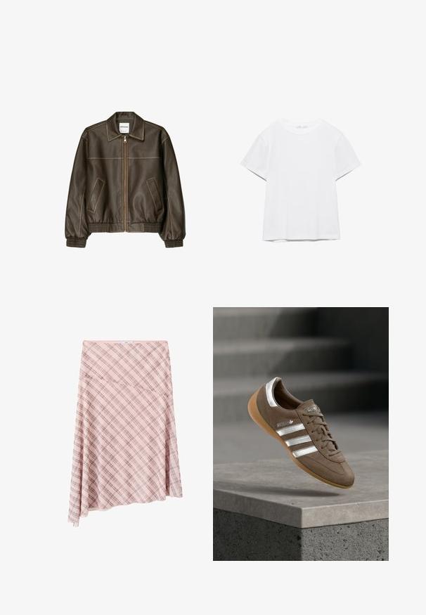 Veste bomber en cuir marron avec fermeture éclair à l'avant, col pointu, poignets et ourlet élastiqués, et poches latérales. Coutures contrastées visibles.; T-shirt blanc uni à manches courtes et col rond, avec un ourlet droit, présenté sur un fond blanc.; Jupe asymétrique rose à carreaux avec motif à carreaux diagonal et petite étiquette de marque à la taille sur fond blanc.; Baskets en daim marron avec des rayures blanches et des accents argentés, dotées d'une tige texturée, d'un système de laçage et d'une semelle en caoutchouc gomme.