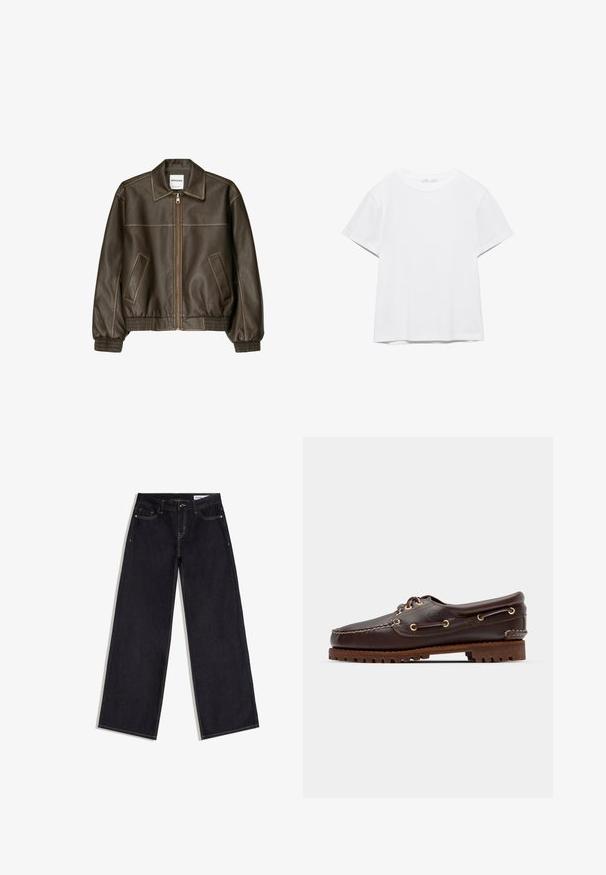 Veste bomber en cuir marron avec fermeture éclair à l'avant, col pointu, poignets et ourlet élastiqués, et poches latérales. Coutures contrastées visibles.; T-shirt blanc uni à manches courtes et col rond, avec un ourlet droit, présenté sur un fond blanc.; Jean bleu foncé à jambes larges avec poches avant, passants de ceinture et surpiqûres contrastantes, posé à plat sur un fond blanc.; Bateau en cuir marron avec des œillets dorés, des lacets ronds et une semelle en caoutchouc marron texturée. Présente des détails de couture et un logo en relief.