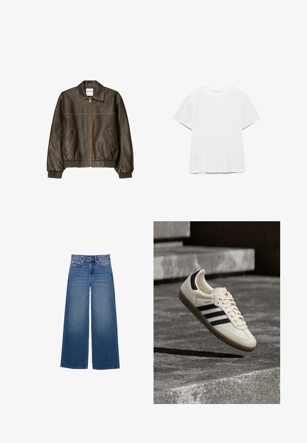 Veste bomber en cuir marron avec fermeture éclair à l'avant, col pointu, poignets et ourlet élastiqués, et poches latérales. Coutures contrastées visibles.; T-shirt blanc uni à manches courtes et col rond, avec un ourlet droit, présenté sur un fond blanc.; Jean en denim à jambes larges, de couleur bleu moyen, avec une taille haute, un design à cinq poches et des détails cousus le long des coutures.; Baskets blanches Adidas Samba avec des bandes noires et une semelle en gomme, flottant au-dessus de marches en béton gris texturé.