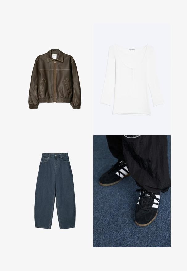 Hnedá kožená bomber bunda so zipsovým zapínaním vpredu, špicatej golierom, elastickými manžetami a spodným okrajom, a bočnými vreckami. Viditeľné kontrastné šitie.; Biele tričko s dlhým rukávom, s hlbokým výstrihom a krátkou légou s gombíkmi na hrudi, zobrazené na jednoduchom svetlom pozadí.; Tmavomodré denimové nohavice širokého strihu s vysokým pásom, obsahujúce päť vreciek a viditeľné švy. Čistý, minimalistický dizajn.; Čierne roháčiky z semišu so tromi bielymi pruhmi a čiernymi šnúrkami. Texturované čierne nohavice sú čiastočne viditeľné vedľa topánok.