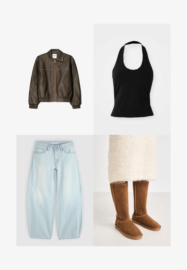 Veste bomber en cuir marron avec fermeture éclair à l'avant, col pointu, poignets et ourlet élastiqués, et poches latérales. Coutures contrastées visibles.; Haut halter noir en tissu doux, avec un col rond et une silhouette ajustée, à la texture lisse et sans motifs visibles.; Jean bleu clair taille large avec fermeture bouton et fermeture éclair, poches avant et passants de ceinture sur un fond uni.; Bottes en suède marron à hauteur de genou avec une texture lisse, présentant des coutures latérales et une semelle en caoutchouc pour une bonne traction.