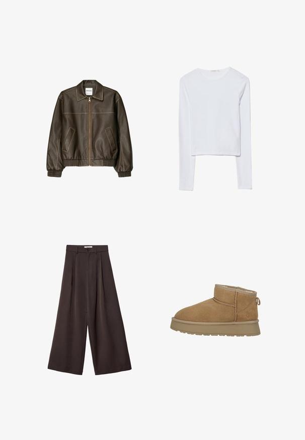 Veste bomber en cuir marron avec fermeture éclair à l'avant, col pointu, poignets et ourlet élastiqués, et poches latérales. Coutures contrastées visibles.; Haut court à manches longues blanc, en coton doux, avec un col rond et une coupe ajustée, comportant des coutures minimes et sans ornements.; Pantalon à jambes larges en tissu brun foncé, avec des plis, une fermeture par bouton, et une texture lisse ; longueur cheville avec une coupe ajustée.; Bottine en suede brun avec doublure en fourrure douce, bout rond et semelle en caoutchouc plate. Présente une couture décorative et une languette à l'arrière.