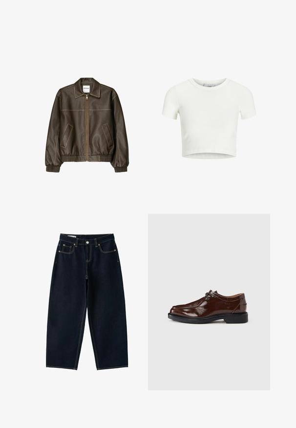 Veste marron en simili cuir avec fermeture éclair devant, deux poches inclinées, poignets et taille côtelés, présentée sur fond blanc.; T-shirt blanc coupé, en tissu côtelé. Présente un col rond et des manches courtes. Texture lisse avec une coupe ajustée.; Jean denim indigo foncé à jambes larges avec cinq poches, surpiqûres contrastantes, passants de ceinture et fermeture par bouton métallique à la taille.; Chaussure habillée en cuir marron avec une finition brillante, bout rond, design à lacets, et semelle en caoutchouc noire. Présente des détails de coutures minimaux.