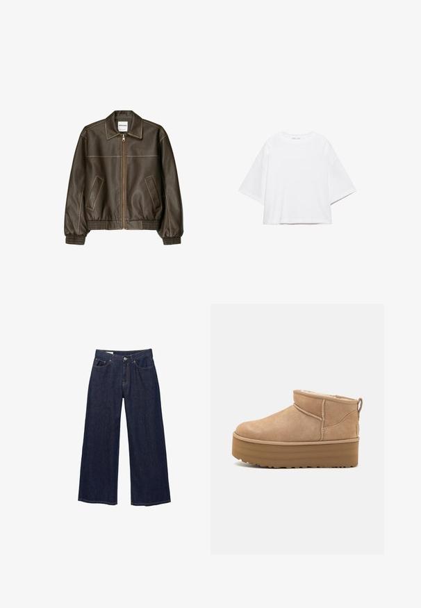 Veste bomber en cuir marron avec fermeture éclair à l'avant, col pointu, poignets et ourlet élastiqués, et poches latérales. Coutures contrastées visibles.; T-shirt blanc à manches courtes, coupe carrée, en coton doux. Présente un col rond et des manches larges, avec un design épuré et simple.; Jean en denim bleu foncé à jambes larges avec poches avant, passants pour ceinture et fermeture à bouton.; Bottines en suede beige avec un intérieur moelleux, dotées d'une semelle compensée et d'une languette à l'arrière pour un enfilage facile. Semelle extérieure en caoutchouc texturé.