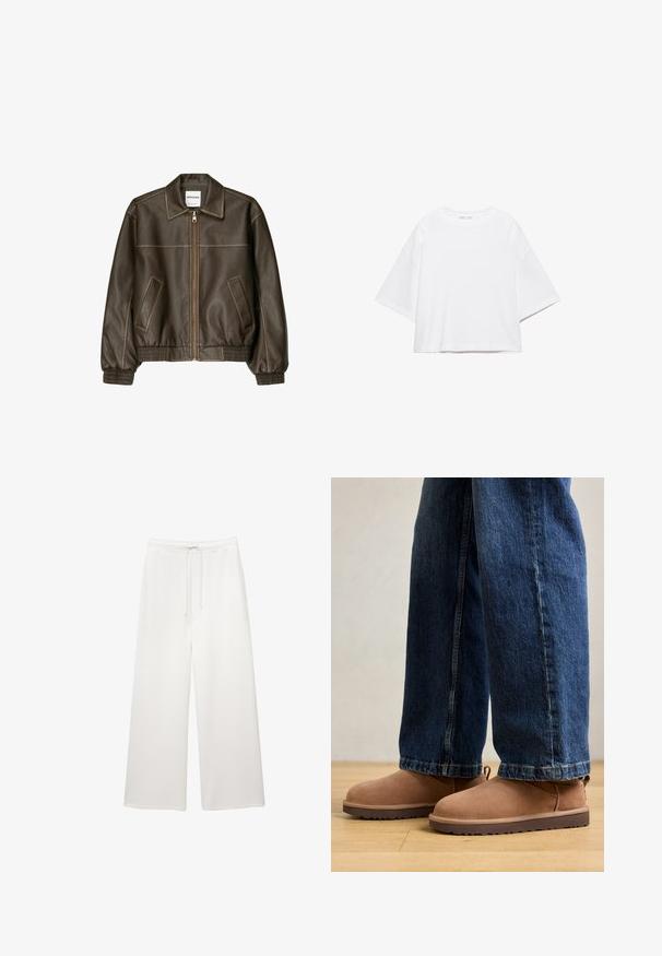 Veste bomber en cuir marron avec fermeture éclair à l'avant, col pointu, poignets et ourlet élastiqués, et poches latérales. Coutures contrastées visibles.; T-shirt blanc à manches courtes, coupe carrée, en coton doux. Présente un col rond et des manches larges, avec un design épuré et simple.; Pantalons larges blancs amples avec taille élastique et cordon de serrage, conçus pour un look décontracté.; Bottines en daim marron avec une semelle plate, un bout arrondi et une petite languette, associées à un jean en denim bleu de coupe droite.