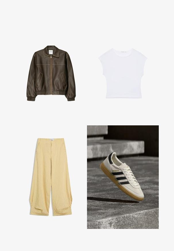 Veste bomber en cuir marron avec fermeture éclair à l'avant, col pointu, poignets et ourlet élastiqués, et poches latérales. Coutures contrastées visibles.; T-shirt court blanc à manches courtes avec col rond, en tissu lisse, posé à plat sur un fond blanc.; Pantalon beige à jambes larges avec fines rayures verticales brunes, poches latérales et taille haute, étalé à plat sur un fond blanc.; Baskets Adidas Spezial blanches avec des rayures noires et une semelle en gomme flottant au-dessus de marches en pierre grises à l'extérieur.