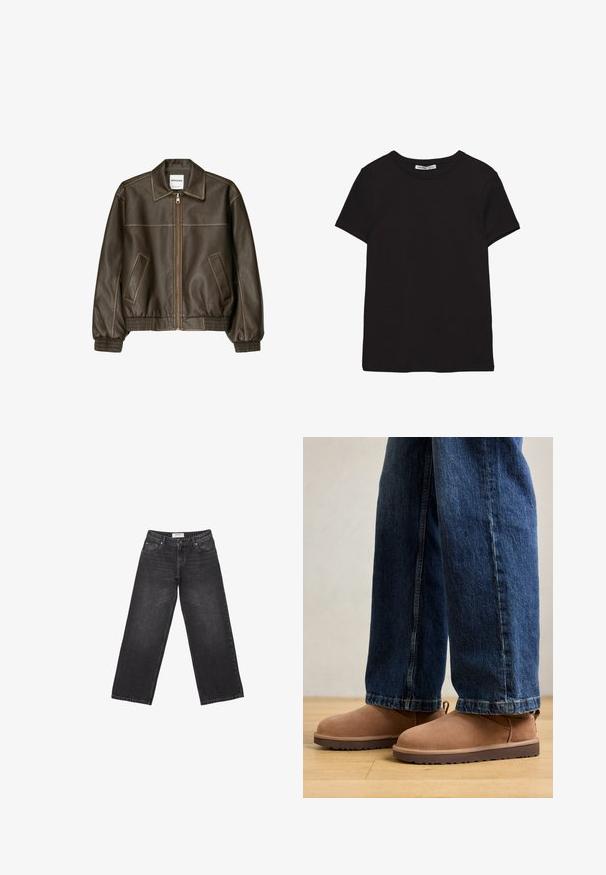 Veste bomber en cuir marron avec fermeture éclair à l'avant, col pointu, poignets et ourlet élastiqués, et poches latérales. Coutures contrastées visibles.; T-shirt noir en coton à manches courtes avec encolure ronde, coupe standard et étiquette intérieure visible au niveau du col.; Jean en denim noir à jambes larges avec une teinture foncée, design à cinq poches et une étiquette à la taille. Texture lisse avec un léger délavé.; Bottines en daim marron avec une semelle plate, un bout arrondi et une petite languette, associées à un jean en denim bleu de coupe droite.