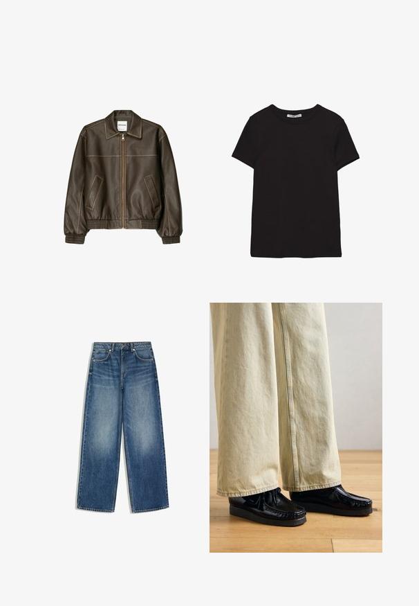 Braune Lederbomberjacke mit einem Reißverschluss vorne, spitzem Kragen, elastischen Bündchen und Saum sowie Seitentaschen. Sichtbare Kontrastnähte.; Schwarzes, kurzärmliges Baumwoll-T-Shirt mit rundem Halsausschnitt, Standardpassform und sichtbarem innerem Nackenetikett.; Blaue Jeans mit weitem Bein, Fronttaschen, Gürtelschlaufen und ausgewaschenen Details im Oberschenkelbereich.; Schwarze Lackleder-Schuhe mit einer strukturierten Plateausohle, ausgestattet mit einer Schnürung und gestickten Details. Getragen mit hellbeigen weiten Hosen.