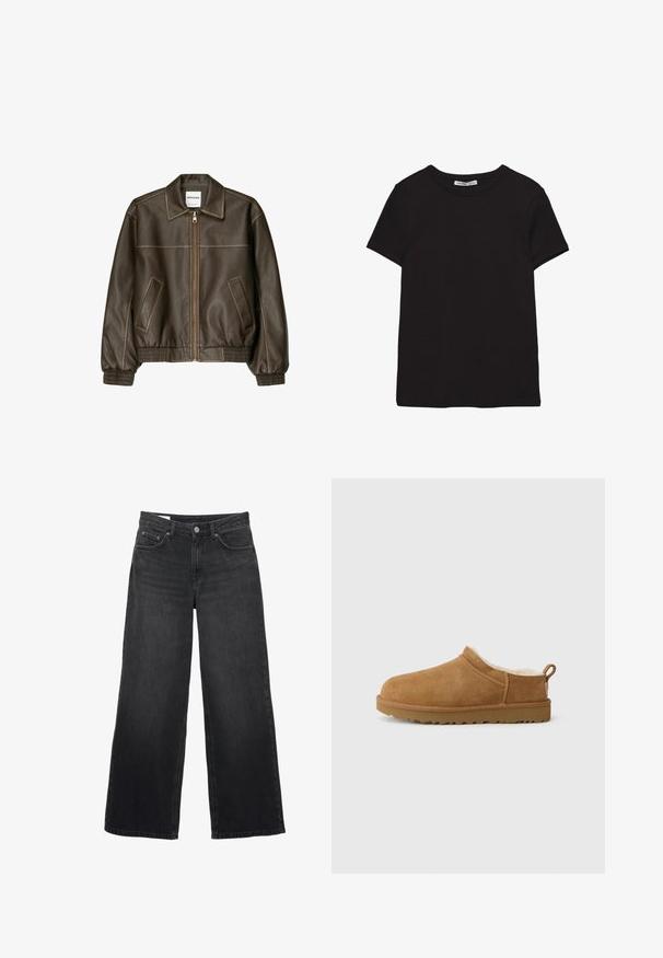 Braune Lederbomberjacke mit einem Reißverschluss vorne, spitzem Kragen, elastischen Bündchen und Saum sowie Seitentaschen. Sichtbare Kontrastnähte.; Schwarzes, kurzärmliges Baumwoll-T-Shirt mit rundem Halsausschnitt, Standardpassform und sichtbarem innerem Nackenetikett.; Schwarze Jeans mit weitem Bein und hoher Taille, vorne mit Knopf- und Reißverschluss, Gürtelschlaufen und Fünf-Taschen-Design.; Brauner Wildlederschuh zum Hineinschlüpfen mit einem weichen, weißen Fellfutter, flacher Gummisohle, runder Zehenform und einer kleinen Zuglasche an der Ferse.
