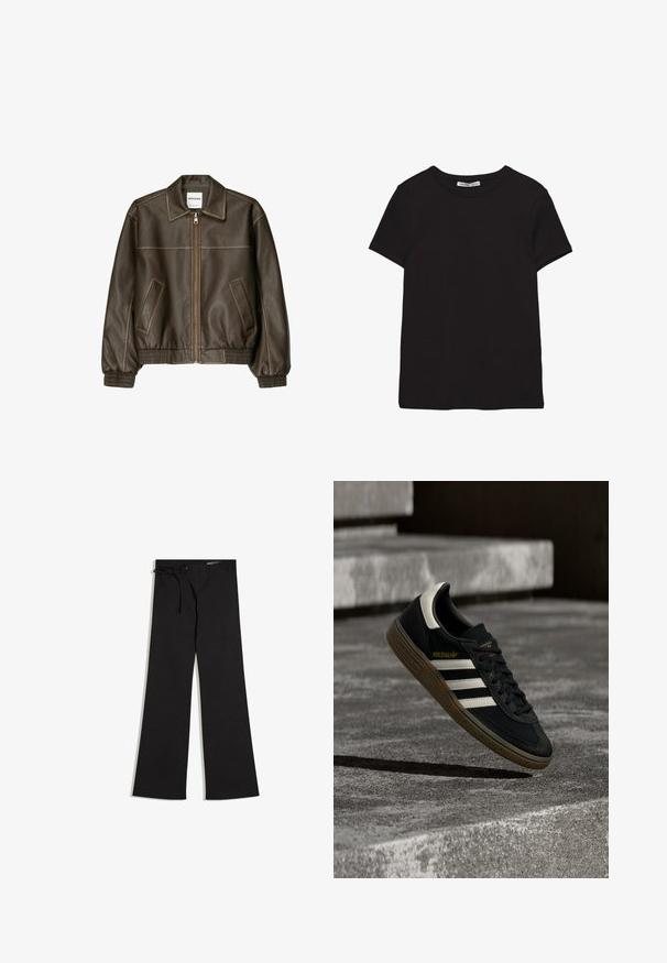Veste bomber en cuir marron avec fermeture éclair à l'avant, col pointu, poignets et ourlet élastiqués, et poches latérales. Coutures contrastées visibles.; T-shirt noir en coton à manches courtes avec encolure ronde, coupe standard et étiquette intérieure visible au niveau du col.; Pantalon large noir à texture côtelée avec un détail à lacets à la taille, présenté sur un fond blanc.; Baskets Adidas noires avec des bandes blanches et une semelle en gomme flottant au-dessus d'escaliers en béton gris sous une lumière naturelle.