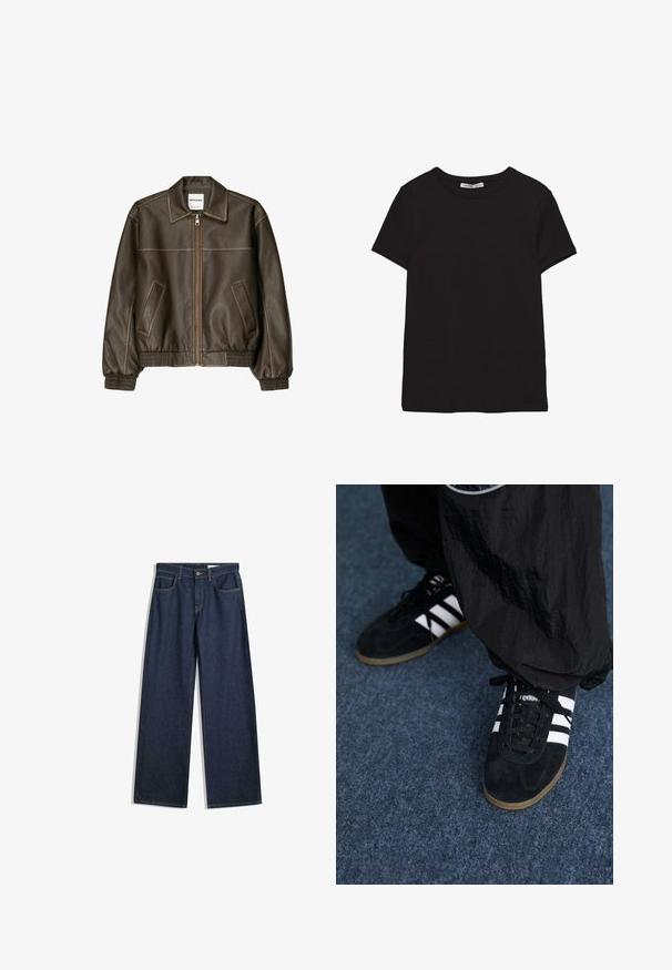 Brun læder bomberjakke med lynlåsfortil, spids krave, elastiske cuffe og kant, samt sidelommer. Kontrastsyninger synlige.; Sort kortærmet t-shirt i bomuld med rund halsudskæring, standard pasform og synlig indvendig halsmærkat.; Bredde ben mørke denimjeans med fem lommer, synlig syning og knaplukning. Har en lige pasform og let slid.; Sorte suedetrainingssko med tre hvide striber og sorte snørebånd. Et tekstureret sort bukser er delvist synligt ved siden af skoene.