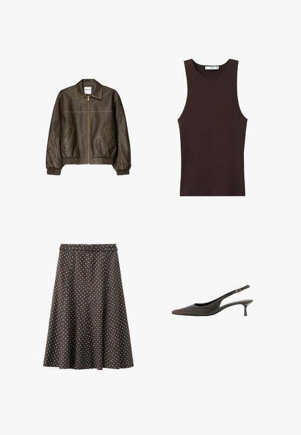 Veste bomber en cuir marron avec fermeture éclair à l'avant, col pointu, poignets et ourlet élastiqués, et poches latérales. Coutures contrastées visibles.; Débardeur côtelé sans manches de couleur brun foncé avec encolure ronde, coupe ajustée, et petite étiquette de marque à l'intérieur du col.; Jupe marron longueur genou à pois blancs, avec une ceinture ajustée et une légère silhouette évasée.; Chaussure slingback en cuir noir à bout pointu, petit talon kitten et petite bride réglable avec boucle.