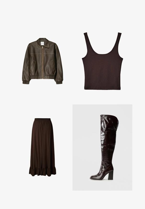Veste bomber en cuir marron avec fermeture éclair à l'avant, col pointu, poignets et ourlet élastiqués, et poches latérales. Coutures contrastées visibles.; Débardeur côtelé marron foncé avec de larges bretelles et une coupe ajustée. Le tissu est doux avec une texture lisse et une longueur cropped.; Jupe longue marron foncé avec taille élastique et ourlet à volants, en tissu léger légèrement texturé.; Bottes en cuir bordeaux glacé montant jusqu'au genou, avec un bout carré et un talon bloc, présentant un design ample et des détails de couture minimalistes.
