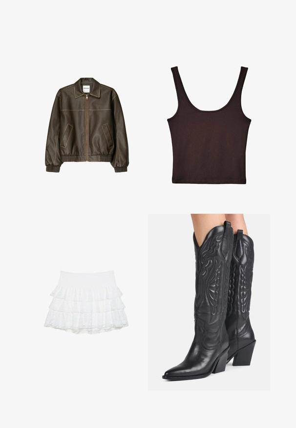 Veste bomber en cuir marron avec fermeture éclair à l'avant, col pointu, poignets et ourlet élastiqués, et poches latérales. Coutures contrastées visibles.; Débardeur côtelé marron foncé avec de larges bretelles et une coupe ajustée. Le tissu est doux avec une texture lisse et une longueur cropped.; Jupe mini blanche à plusieurs niveaux, en dentelle texturée avec trois couches. La taille élastique offre de l'élasticité. Pas d'autres embellissements.; Bottes de cowboy en cuir noir avec bouts pointus, coutures décoratives et talons blocs inclinés portées par une personne.