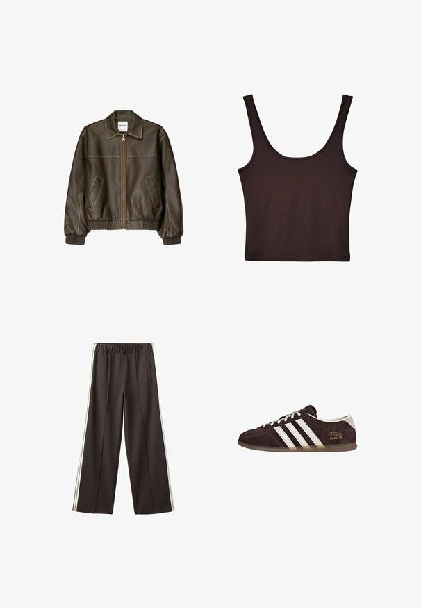 Veste marron en simili cuir avec fermeture éclair devant, deux poches inclinées, poignets et taille côtelés, présentée sur fond blanc.; Débardeur côtelé marron foncé avec de larges bretelles et une coupe ajustée. Le tissu est doux avec une texture lisse et une longueur cropped.; Pantalon noir à jambes larges avec taille élastique, poches latérales et bandes blanches sur les côtés. Tissu lisse avec une coupe ajustée.; Baskets en suède marron avec trois bandes blanches, semelle en caoutchouc, et étiquette avec le texte "Gazelle" en or. Fermeture à lacets avec lacets gris.