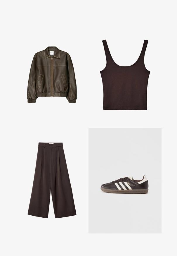 Veste bomber en cuir marron avec fermeture éclair à l'avant, col pointu, poignets et ourlet élastiqués, et poches latérales. Coutures contrastées visibles.; Débardeur côtelé marron foncé avec de larges bretelles et une coupe ajustée. Le tissu est doux avec une texture lisse et une longueur cropped.; Pantalon à jambes larges en tissu brun foncé, avec des plis, une fermeture par bouton, et une texture lisse ; longueur cheville avec une coupe ajustée.; Baskets en cuir marron foncé avec un design à trois bandes blanches, une semelle en caoutchouc et l'inscription "Samba" en lettres dorées sur le côté. Forme classique basse.