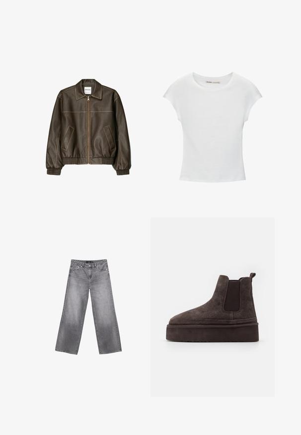 Braune Lederbomberjacke mit einem Reißverschluss vorne, spitzem Kragen, elastischen Bündchen und Saum sowie Seitentaschen. Sichtbare Kontrastnähte.; Weißes Baumwoll-T-Shirt mit kurzen, aufgerollten Ärmeln, rundem Ausschnitt und geradem Saum. Glatte Textur ohne sichtbare Muster oder Akzente.; Graue Jeans mit weitem Bein, Fronttaschen, Gürtelschlaufen und Knopfverschluss, flach auf weißem Hintergrund dargestellt.; Braune Wildleder Chelsea-Stiefel mit elastischen Seitenpaneelen und einer dicken, strukturierten Plattformsohle. Mit einem Ziehband an der Ferse für ein einfaches An- und Ausziehen.