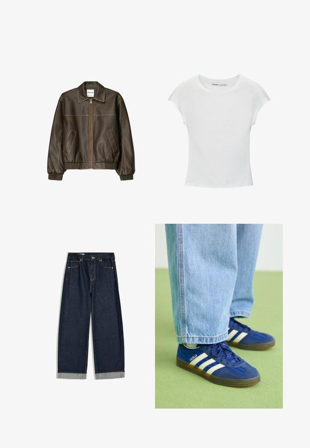 Hnedá kožená bomber bunda so zipsovým zapínaním vpredu, špicatej golierom, elastickými manžetami a spodným okrajom, a bočnými vreckami. Viditeľné kontrastné šitie.; Biele bavlnené tričko s krátkymi, stočenými rukávmi, okrúhlym výstrihom a rovnou lemovkou. Hladká textúra bez viditeľných vzorov alebo akcentov.; Tmavomodré džínsy s širokými nohavicami a vyhrnutými lemy, dizajn s piatimi vreckami a zapínaním na gombík v páse, položené na bielom pozadí.; Modré semišové tenisky s bielymi pruhmi a textúrovanými vzormi, obuté s svetlomodrými džínsami, na pozadí zelenej farby.