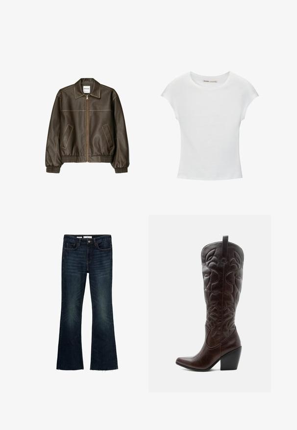 Braune Lederbomberjacke mit einem Reißverschluss vorne, spitzem Kragen, elastischen Bündchen und Saum sowie Seitentaschen. Sichtbare Kontrastnähte.; Weißes Baumwoll-T-Shirt mit kurzen, aufgerollten Ärmeln, rundem Ausschnitt und geradem Saum. Glatte Textur ohne sichtbare Muster oder Akzente.; Ausgestellte dunkelblaue Denim-Jeans mit verblassten Akzenten, fünf Taschen und einem rohen Saum. Aus Baumwolle mit einem Knopfverschluss und Gürtelschlaufen gefertigt.; Hoher dunkelbrauner Leder-Cowboystiefel mit gestickten dekorativen Mustern, spitzer Spitze und gestapeltem Blockabsatz.
