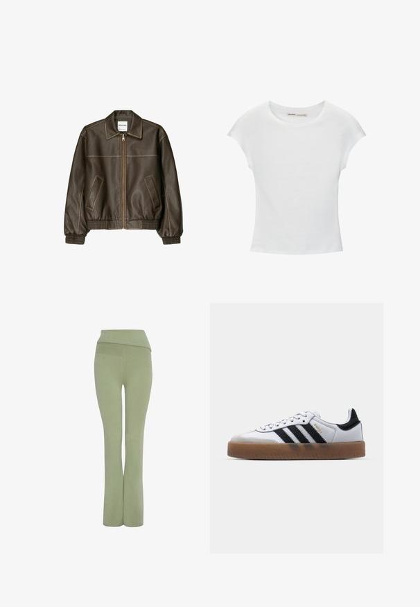 Braune Lederbomberjacke mit einem Reißverschluss vorne, spitzem Kragen, elastischen Bündchen und Saum sowie Seitentaschen. Sichtbare Kontrastnähte.; Weißes Baumwoll-T-Shirt mit kurzen, aufgerollten Ärmeln, rundem Ausschnitt und geradem Saum. Glatte Textur ohne sichtbare Muster oder Akzente.; Grüne, enganliegende Hose mit weitem Bund und ausgestelltem Bein-Design. Weicher Stoff mit angenehmer Textur, entworfen für Komfort und Flexibilität.; Weiße Leder Sneakers mit schwarzen Streifen, Gummigummi-Außensohle, runder Zehenform, Schnürverschluss und weichem grauem Wildleder-Zehenkappe.