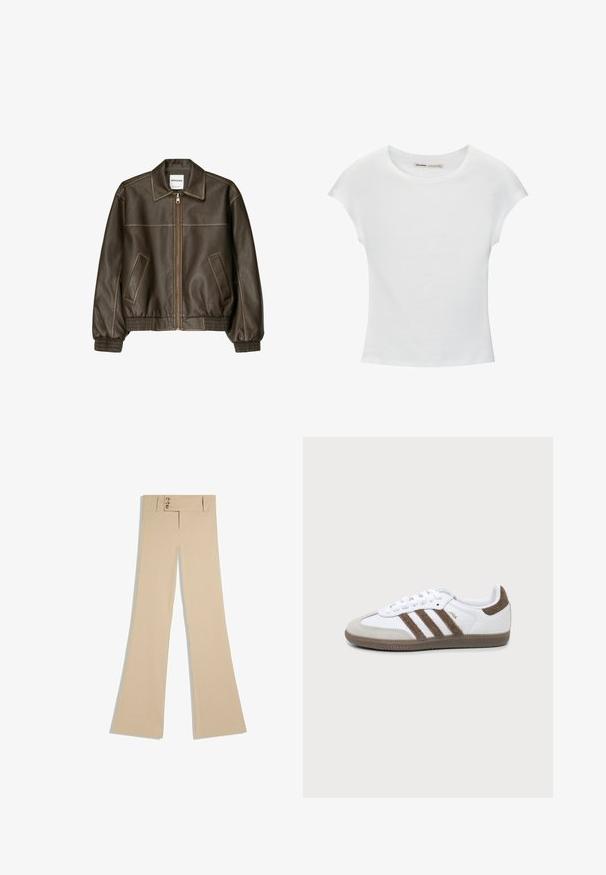 Veste marron en simili cuir avec fermeture éclair devant, deux poches inclinées, poignets et taille côtelés, présentée sur fond blanc.; T-shirt en coton blanc avec manches courtes retroussées, encolure ronde et ourlet droit. Texture lisse sans motifs ni accents visibles.; Pantalon beige taille haute avec trois boutons et jambes larges évasées, présenté à plat sur fond blanc.; Basket Adidas Samba blanche et marron avec trois bandes marron, lacets et semelle texturée, vue de côté sur fond uni.