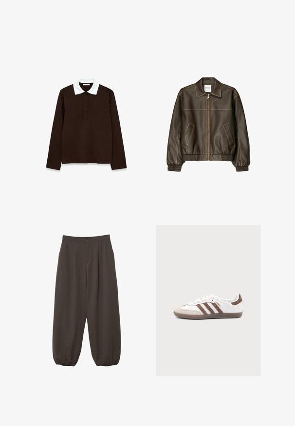 Veste bomber en cuir marron avec fermeture éclair à l'avant, col pointu, poignets et ourlet élastiqués, et poches latérales. Coutures contrastées visibles.; Polo à manches longues en tissu marron foncé avec un col blanc texturé et une patte de boutonnage à trois boutons. Matière lisse et confortable.; Pantalon ample marron foncé avec fermeture à boutons, plis à l'avant et chevilles élastiquées.; Baskets blanches Adidas Samba avec des bandes en daim marron, un bout en daim marron et une semelle en gomme sur fond gris clair.