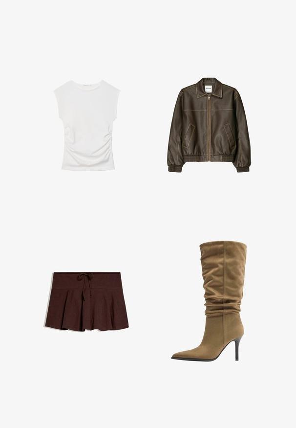 Veste bomber en cuir marron avec fermeture éclair à l'avant, col pointu, poignets et ourlet élastiqués, et poches latérales. Coutures contrastées visibles.; Haut blanc sans manches avec encolure ronde et fronces latérales subtiles, présenté à plat sur un fond blanc.; Jupe plissée marron foncé avec large ceinture et cordon de serrage au centre devant, posée à plat sur fond blanc.; Botte molle mi-mollet en daim couleur tan avec bout pointu et talon haut fin noir.