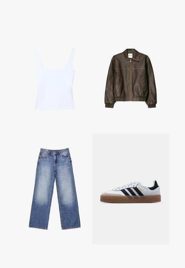 Veste marron en simili cuir avec fermeture éclair devant, deux poches inclinées, poignets et taille côtelés, présentée sur fond blanc.; Top court blanc sans manches avec encolure carrée, larges bretelles et silhouette ajustée.; Jeans en denim bleu clair à jambes larges avec poches avant, passants pour ceinture, fermeture par bouton et légère décoloration sur les cuisses avant.; Baskets en cuir blanc avec des rayures noires, semelle extérieure en caoutchouc beige, bout rond, fermeture lacée et embout en suède gris doux.
