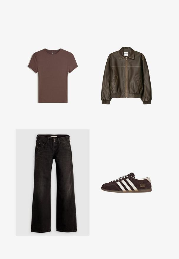 Veste bomber en cuir marron avec fermeture éclair à l'avant, col pointu, poignets et ourlet élastiqués, et poches latérales. Coutures contrastées visibles.; T-shirt en coton marron avec un col rond, des manches courtes et un design uni. Ourlet à couture plate et sans embellissements ni motifs visibles.; Jean noir à jambes larges avec une finition légèrement délavée, comprenant des poches avant, une fermeture éclair et un bouton. Fabriqué en tissu denim.; Baskets en suède marron avec trois bandes blanches, semelle en caoutchouc, et étiquette avec le texte "Gazelle" en or. Fermeture à lacets avec lacets gris.