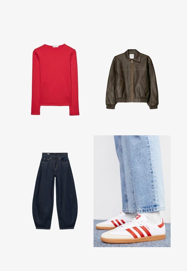 Veste bomber en cuir marron avec fermeture éclair à l'avant, col pointu, poignets et ourlet élastiqués, et poches latérales. Coutures contrastées visibles.; T-shirt rouge à manches longues en coton doux. Présente un col rond et une coupe ajustée. Texture lisse sans motifs ni accents visibles.; Jean en denim bleu foncé à jambes larges avec poches avant, passants de ceinture et fermeture par bouton à la taille.; Baskets en cuir blanc avec des rayures et des accents rouges. Dotées d'une semelle extérieure en gomme texturée et d'un col rembourré. Portées avec un jean en denim bleu clair.