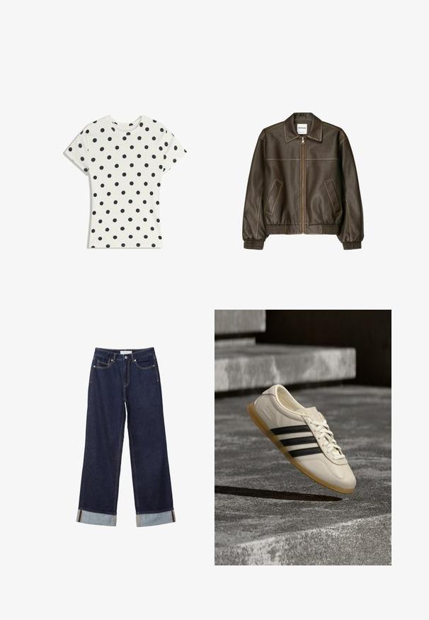 Veste bomber en cuir marron avec fermeture éclair à l'avant, col pointu, poignets et ourlet élastiqués, et poches latérales. Coutures contrastées visibles.; T-shirt blanc à manches courtes avec des pois noirs répartis uniformément sur le tissu, présenté à plat sur un fond blanc.; Jean denim bleu foncé à jambes larges avec ourlets retroussés, bouton devant, braguette zippée et design à cinq poches.; Baskets blanches avec des bandes noires et une semelle en gomme flottant au-dessus d’escaliers en béton dans une lumière douce du jour.
