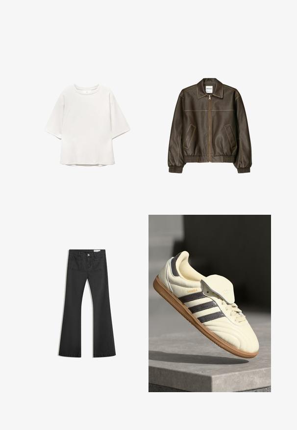 Veste bomber en cuir marron avec fermeture éclair à l'avant, col pointu, poignets et ourlet élastiqués, et poches latérales. Coutures contrastées visibles.; T-shirt blanc à manches courtes, col rond, avec des manches raglan et des détails de couture discrets sur le devant et les épaules, posé à plat sur un fond blanc.; Jean noir évasé en denim avec une texture lisse, comportant deux poches arrière et une fermeture boutonnée à la taille.; Baskets en cuir crème avec trois bandes sombres, une semelle extérieure en gomme marron et un bout arrondi. Présentent une languette pliable étiquetée "SAMBA."