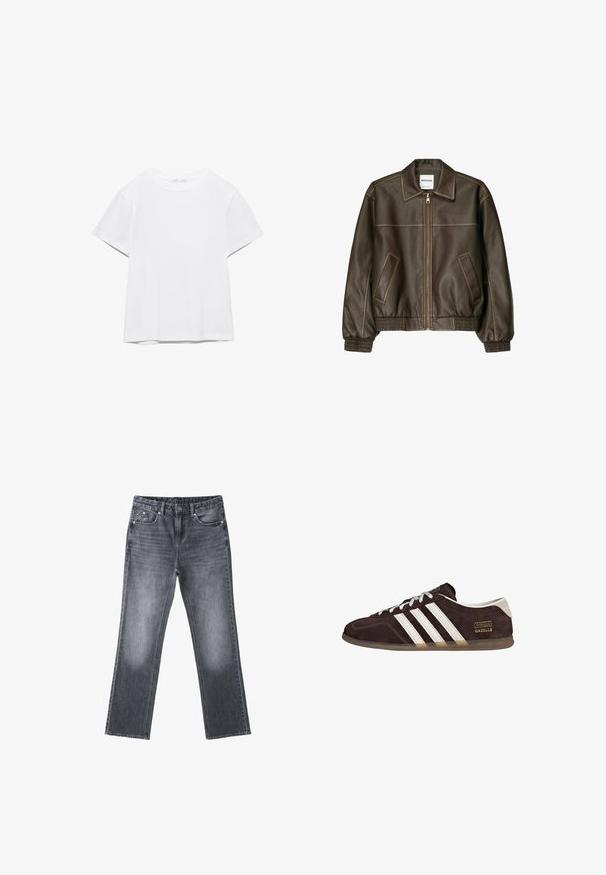Veste bomber en cuir marron avec fermeture éclair à l'avant, col pointu, poignets et ourlet élastiqués, et poches latérales. Coutures contrastées visibles.; T-shirt blanc uni à manches courtes et col rond, avec un ourlet droit, présenté sur un fond blanc.; Jean droit en denim gris foncé avec finition délavée, bouton et fermeture éclair à l’avant, style cinq poches sur fond blanc.; Baskets en suède marron avec trois bandes blanches, semelle en caoutchouc, et étiquette avec le texte "Gazelle" en or. Fermeture à lacets avec lacets gris.