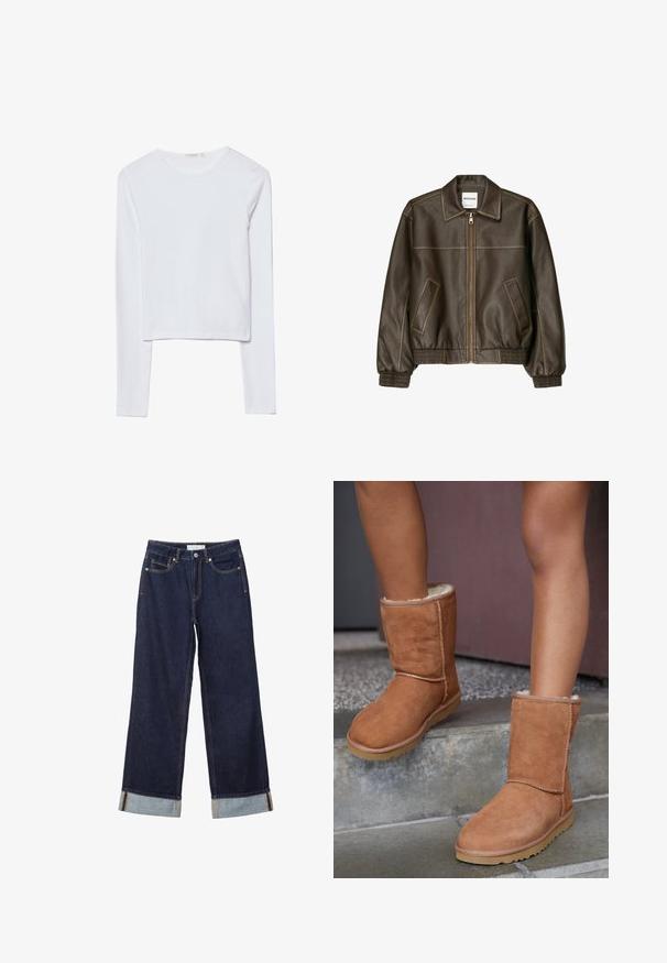 Veste bomber en cuir marron avec fermeture éclair à l'avant, col pointu, poignets et ourlet élastiqués, et poches latérales. Coutures contrastées visibles.; Haut court à manches longues blanc, en coton doux, avec un col rond et une coupe ajustée, comportant des coutures minimes et sans ornements.; Jean denim bleu foncé à jambes larges avec ourlets retroussés, bouton devant, braguette zippée et design à cinq poches.; Bottines en suede marron, à bout rond, avec une doublure douce et une semelle en caoutchouc, présentant des détails de couture visibles le long des coutures.